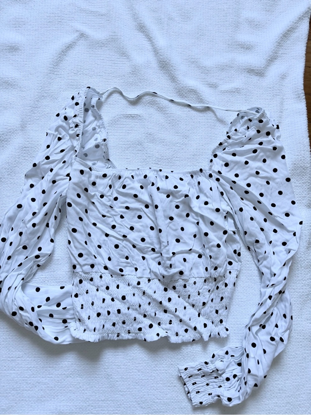 AFRM White Polka Dot Square Neck Long Sleeve Crop Top
